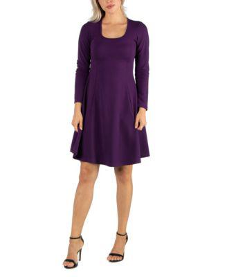 Women's Simple Long Sleeve Knee Length Flared Dress by 24SEVEN COMFORT APPAREL