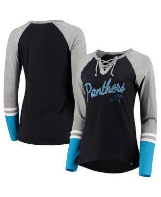 Women's '47 Gray, Black Carolina Panthers Lace-Up Raglan Long Sleeve T-shirt by '47 BRAND