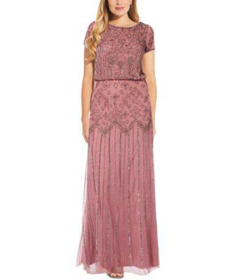 Beaded Short-Sleeve Gown by ADRIANNA PAPELL