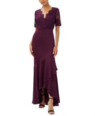 Women's Lace Asymmetrical-Ruffled Hem Gown by ADRIANNA PAPELL