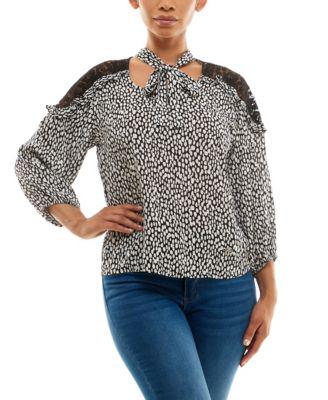 Women's 3/4 Puff Sleeve Tie Scoop Neck Top with Lace Inset by ADRIENNE VITTADINI