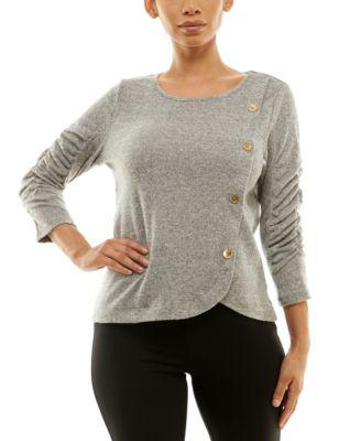 Women's 3/4 Ruched Sleeve Knit Top with Asymmetrical Wrap and Button Detail by ADRIENNE VITTADINI