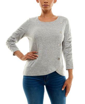 Women's 3/4 Ruched Sleeve Knit Top with Asymmetrical Wrap and Button Detail by ADRIENNE VITTADINI