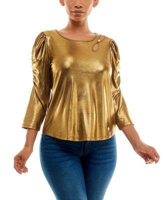 Women's 3/4 Shirred Sleeve Top with Cut Out Detail at The Shoulder by ADRIENNE VITTADINI