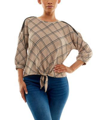 Women's 3/4 Sleeve Print Drop Shoulder Knit Top with Tie Front and Crochet Trim by ADRIENNE VITTADINI