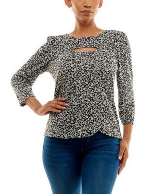 Women's 3/4 Sleeve Print Faux Placket Keyhole Cut Out Top with Button Detail by ADRIENNE VITTADINI