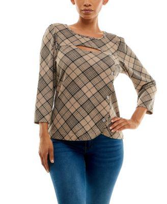 Women's 3/4 Sleeve Print Faux Placket Keyhole Cut Out Top with Button Detail by ADRIENNE VITTADINI