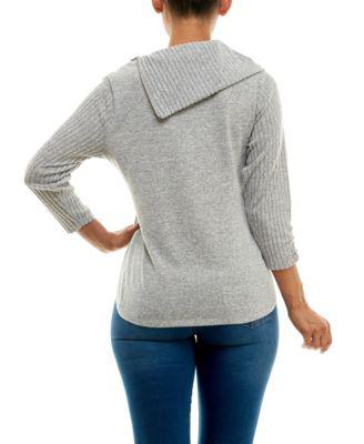Women's 3/4 Sleeve Zippered Collar Top with Rib Sleeves by ADRIENNE VITTADINI