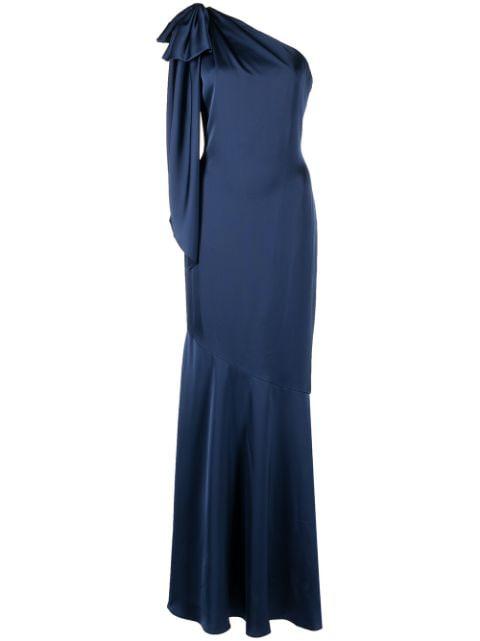 one-shoulder floor-length gown by AIDAN MATTOX