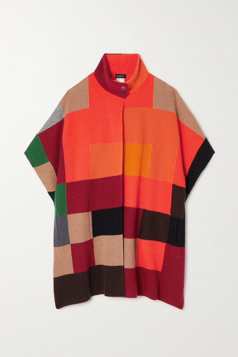 Ribbed intarsia cashmere, wool and silk-blend turtleneck cape by AKRIS