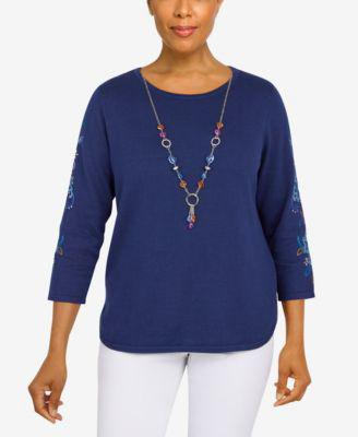 Petite Lake Placid Women's Embroidered Sweater with Detachable Necklace by ALFRED DUNNER