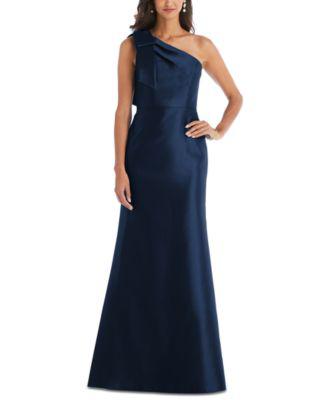 Bow-Trim One-Shoulder Satin Gown by ALFRED SUNG