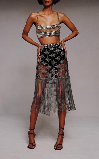 Fringed Embellished Tulle Midi Skirt by ALIETTE