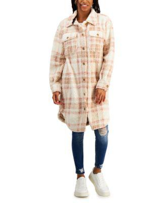 Juniors' Plaid Button-Front Faux-Sherpa Shacket by ALMOST FAMOUS