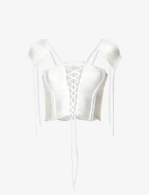 Lace-up corset woven top by AMBER W. SMITH