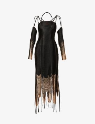 Lace-up draped-thread woven midi dress by AMBER W. SMITH