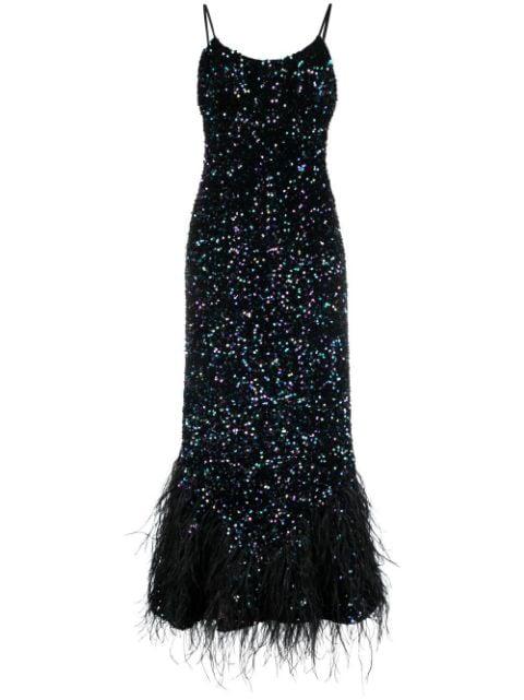 sequin-embellished feather trim dress by AMEN