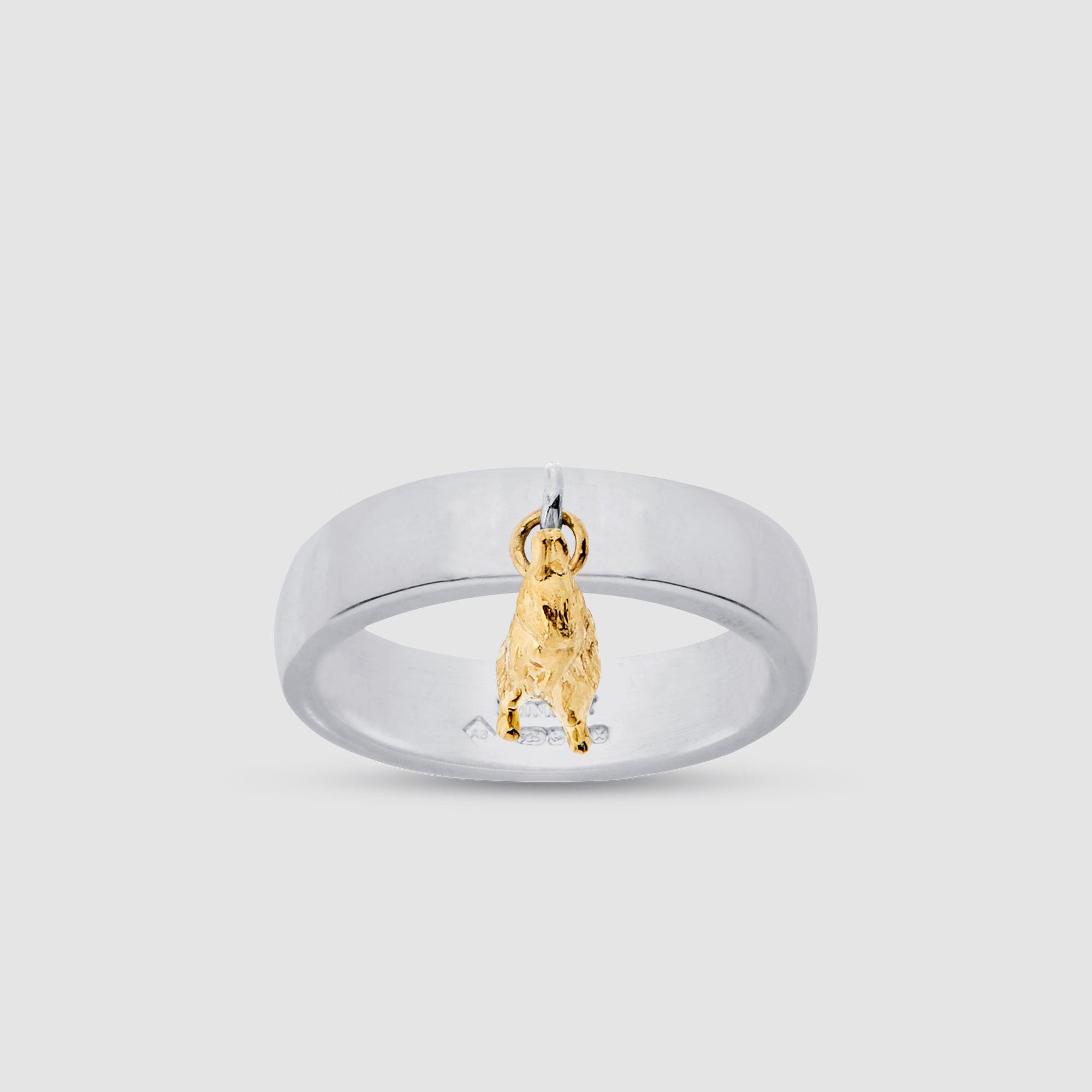 Bunney Silver Ring with Yellow Gold Rabbit Charm by ANDREW BUNNEY