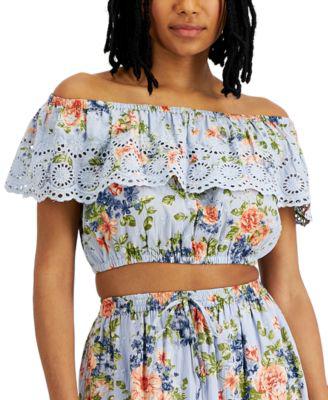Juniors' Printed Ruffled Cotton Crop Top by ANGIE