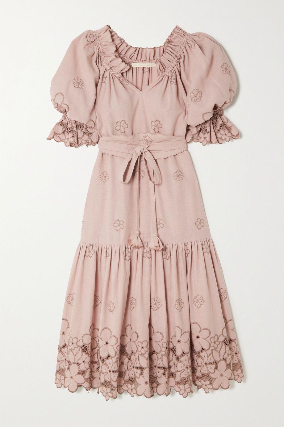 Bardot belted embroidered broderie anglaise linen midi dress by ANNA MASON