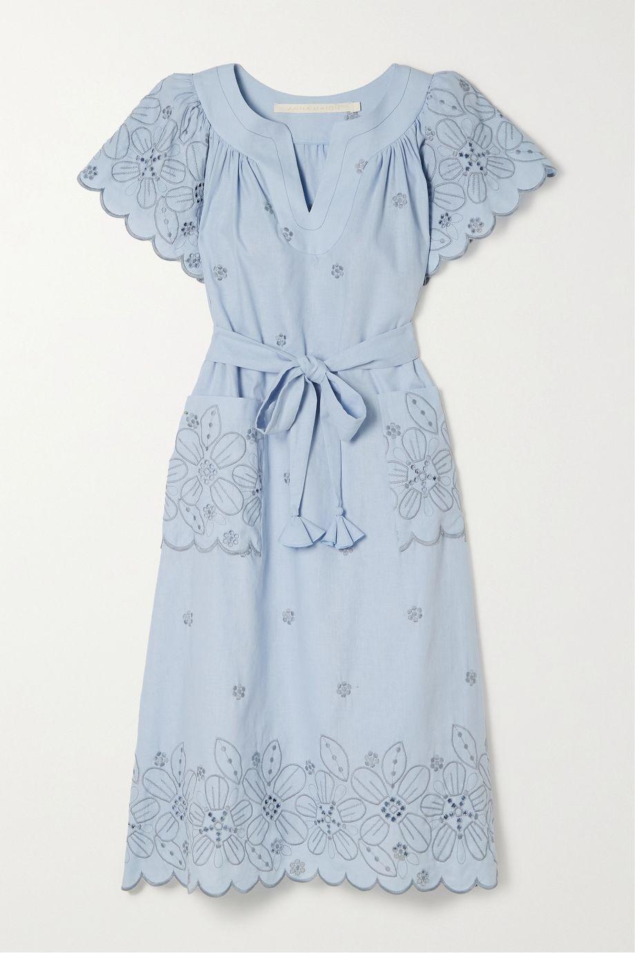 Eugeinie belted embroidered broderie anglaise linen midi dress by ANNA MASON