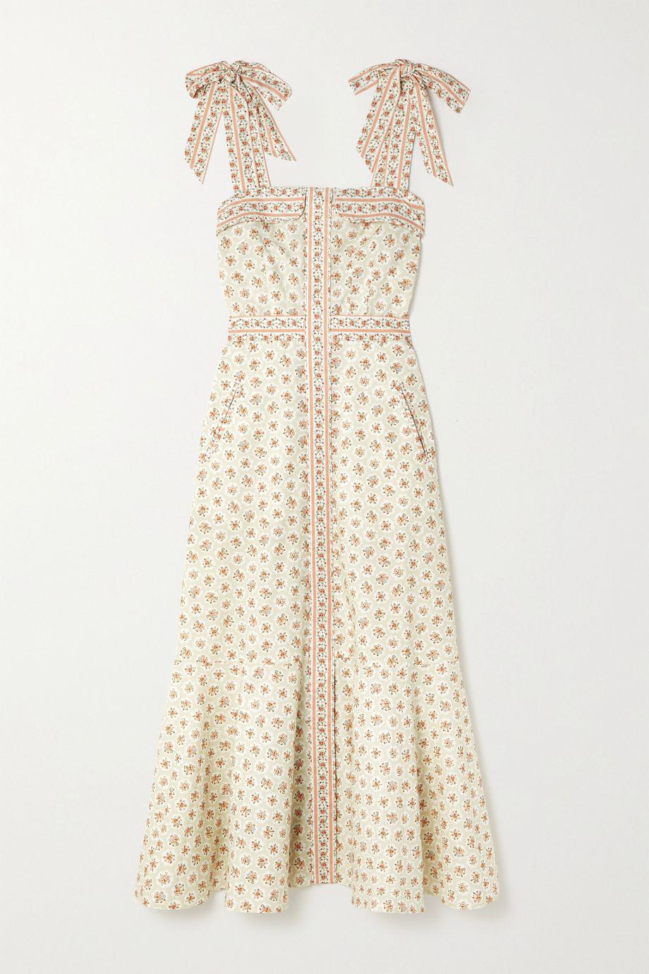Olivia bow-detailed belted floral-print cotton-poplin midi dress by ANNA MASON