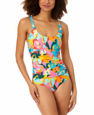 Women's Printed Plumeria Scoop-Neck Shirred One-Piece Swimsuit by ANNE COLE