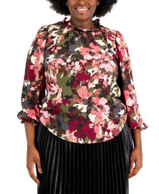Plus Size Printed 3/4-Sleeve Ruffle-Neck Blouse by ANNE KLEIN