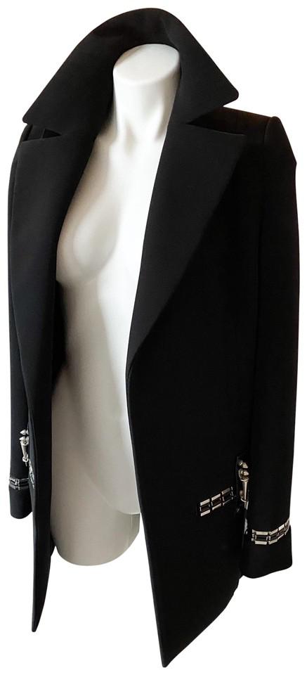 Anthony Vaccarello Black Long Embellished Leather Trim Coat by ANTHONY VACCARELLO