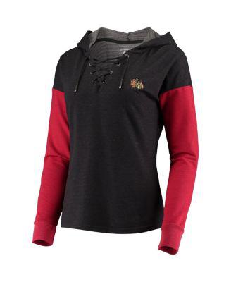 Women's Black and Red Chicago Blackhawks Amaze Lace-Up Hoodie Long Sleeve T-shirt by ANTIGUA