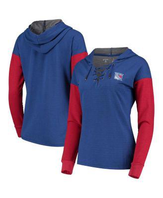 Women's Blue and Red New York Rangers Amaze Lace-Up Hoodie Long Sleeve T-shirt by ANTIGUA