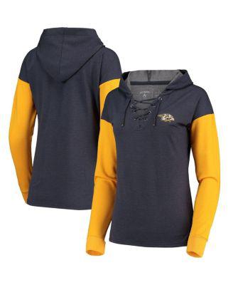 Women's Heathered Navy and Gold Nashville Predators Amaze Lace-Up Hoodie Tri-Blend Long Sleeve T-shirt by ANTIGUA