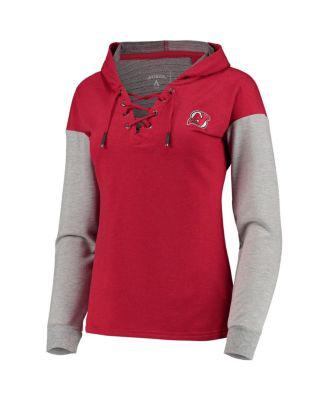 Women's Heathered Red and Heathered Gray New Jersey Devils Amaze Lace-Up Hoodie Tri-Blend Long Sleeve T-shirt by ANTIGUA