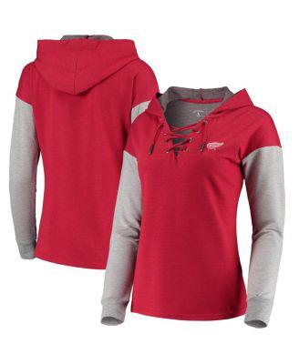 Women's Red and Heathered Gray Detroit Red Wings Amaze Lace-Up Hoodie Long Sleeve T-shirt by ANTIGUA