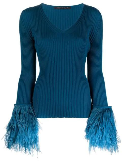feather-trim V-neck knit top by ANTONINO VALENTI