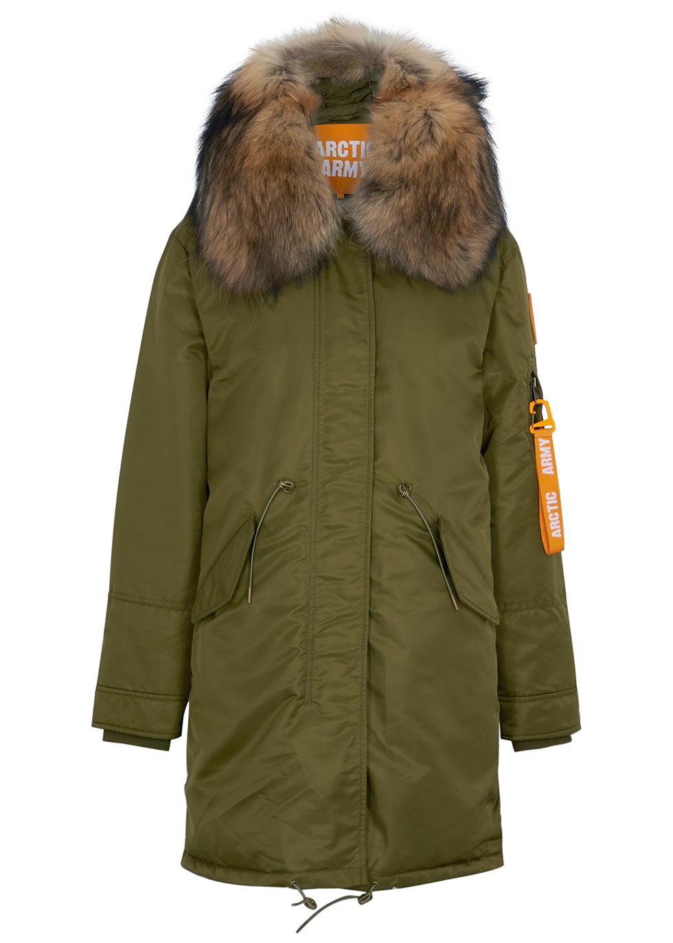 Army green fur-trimmed padded shell parka by ARCTIC ARMY