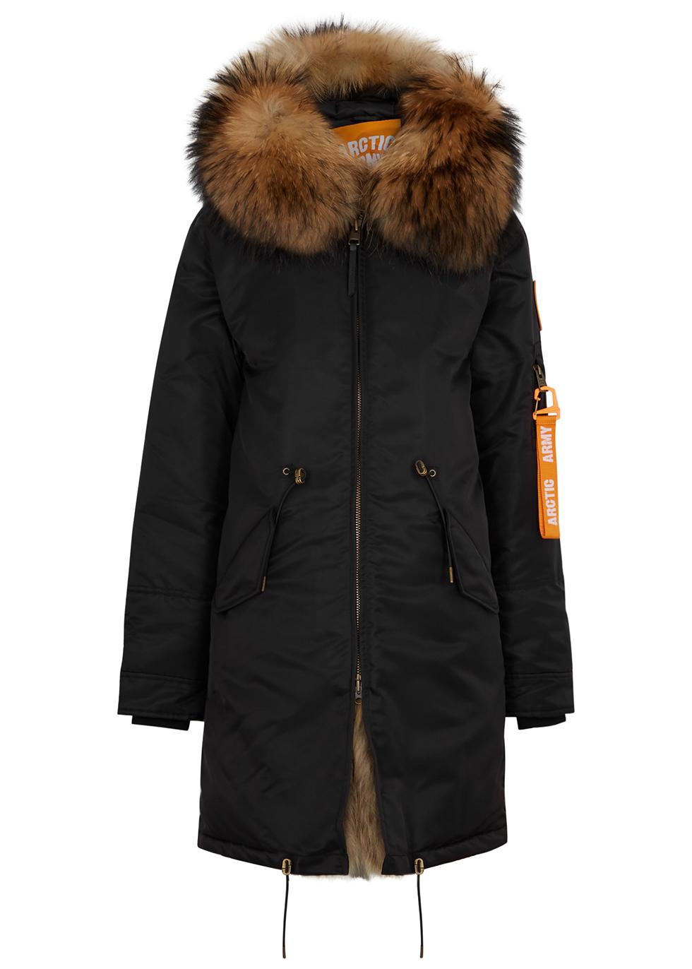 Luxe black fur-trimmed padded shell parka by ARCTIC ARMY