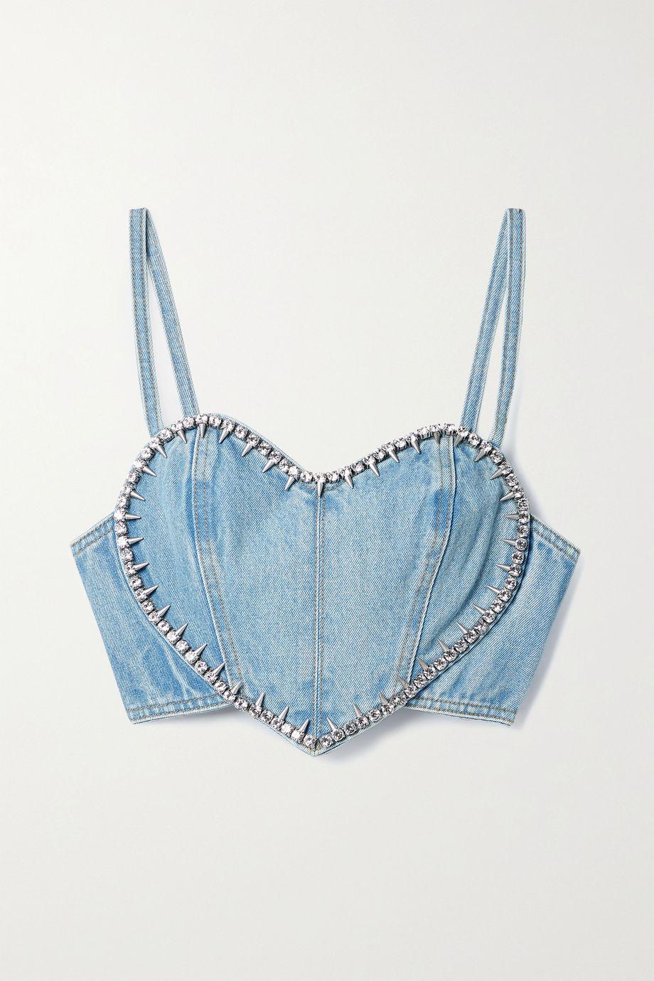 Cropped embellished denim top by AREA