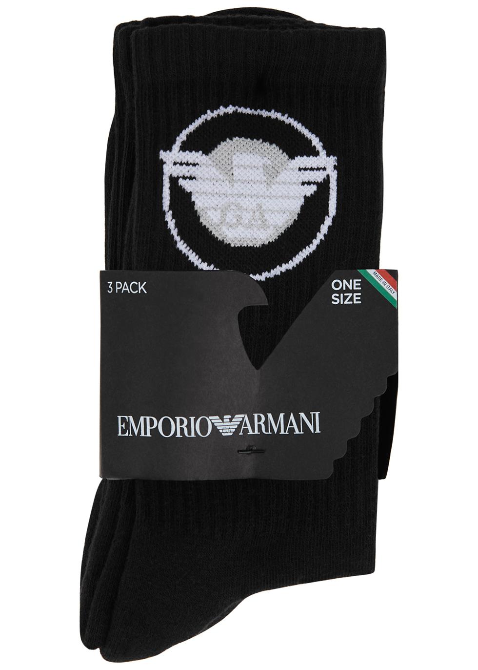 Black logo cotton-blend socks - set of three by ARMANI