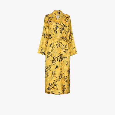 Yellow Athens Belted Floral Print Silk Robe by ASCENO