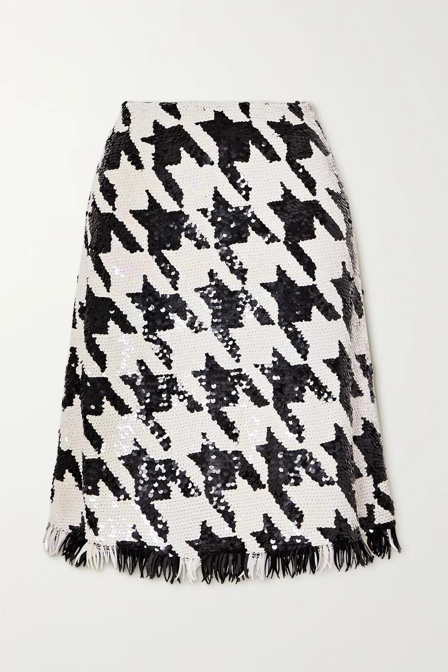 Fringed houndstooth sequined cotton skirt by ASHISH