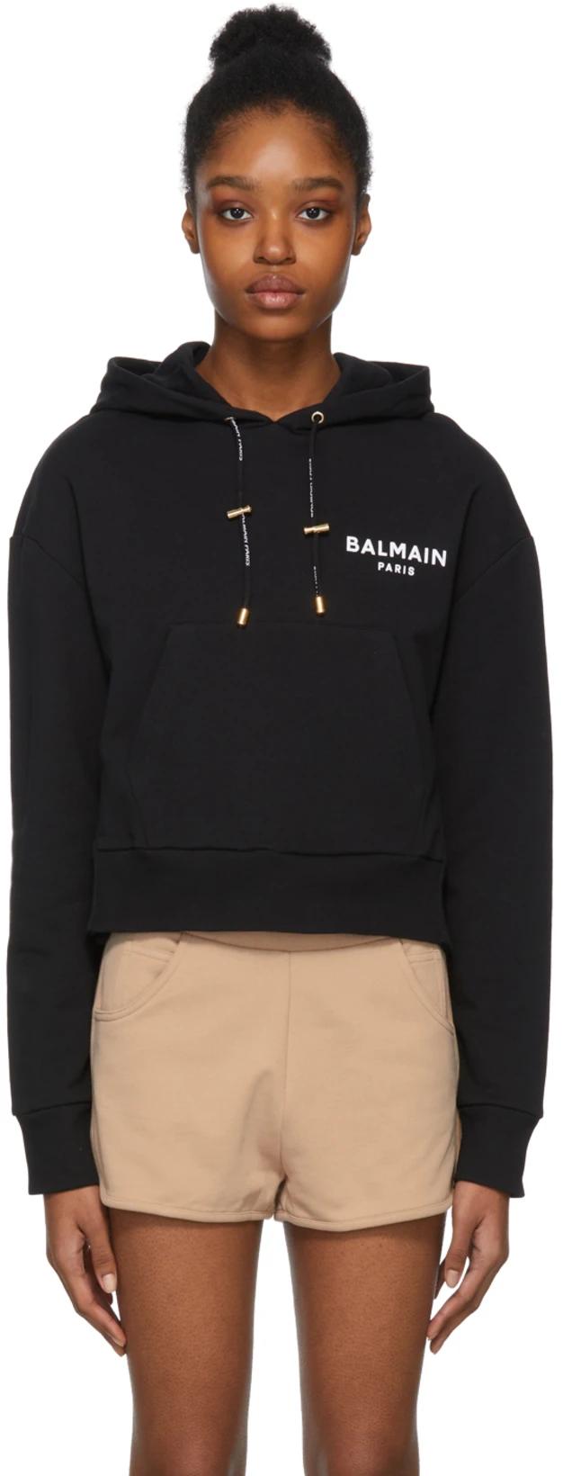 balmain flocked logo cropped hoodie