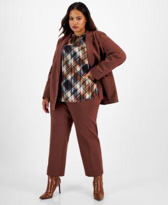 Plus Size One-Button Jacket, Plaid Ruffled Tie-Neck Blouse & Tie-Waist Pants by BAR III