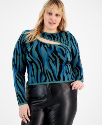 Plus Size Zebra Jacquard Diagonal Cutout Sweater by BAR III