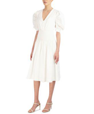 Women's Puff-Sleeve Smocked-Waist Poplin Midi Dress by BCBGMAXAZRIA