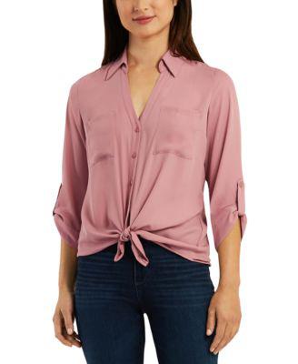 Juniors' Pocket-Front Roll-Sleeve Button-Down Top by BCX