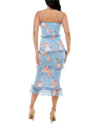 Printed Smocked Tiered Woven Midi Dress by BEBE
