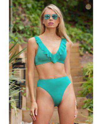 Socialite Ruffle Halter Bikini Top & French-Cut High-Waisted Bikini Bottoms by BECCA