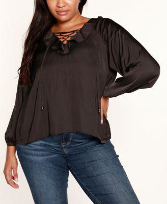 Black Label Plus Size Lace-Up Ruffled V-Neck Blouse Top by BELLDINI
