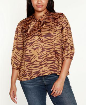 Black Label Plus Size Printed Puff-Sleeve Tie-neck Blouse Top by BELLDINI